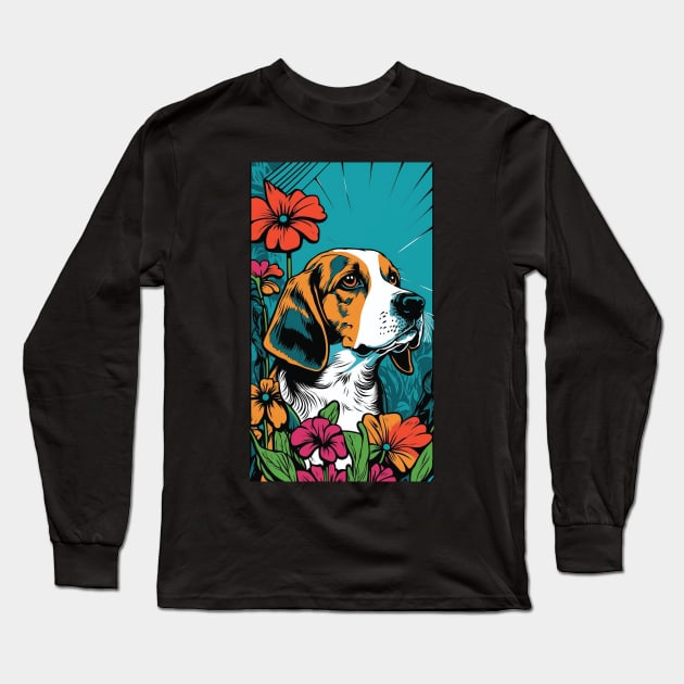 Beagle Dog Vibrant Tropical Flower Tall Retro Vintage Digital Pop Art Portrait 4 Long Sleeve T-Shirt by ArtHouseFlunky